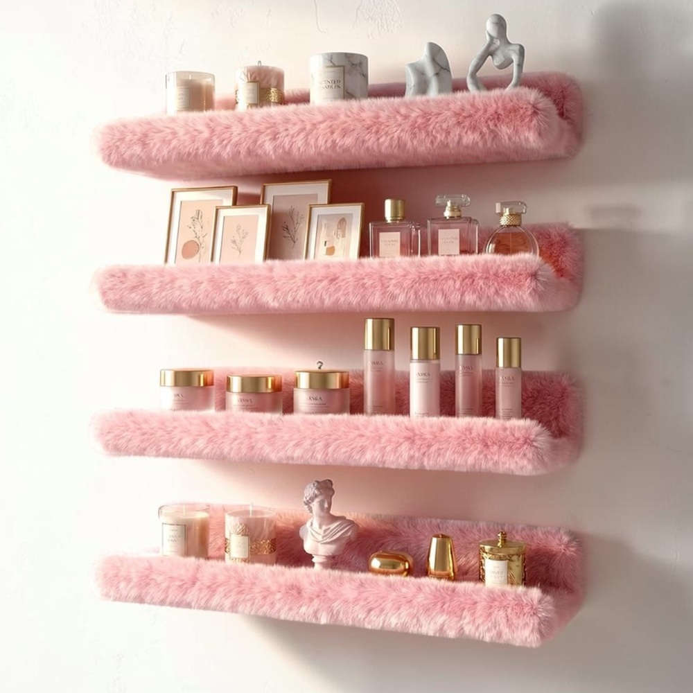 Pink Furry Floating Wall Shelves - Plush Makeup Display